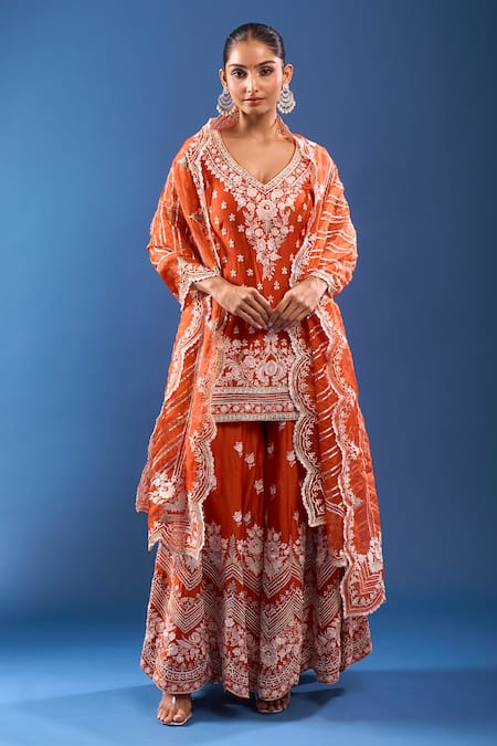 Buy_Sheetal Batra_Orange Embroidery V-neck Burnt Kurta Sharara Set_Online_at_Aza_Fashions
