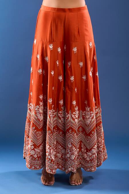 Sheetal Batra_Orange Embroidery V-neck Burnt Kurta Sharara Set_at_Aza_Fashions