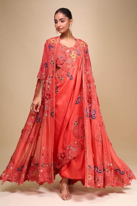 Anamika Khanna Coral Draped Skirt & Jacket Set 