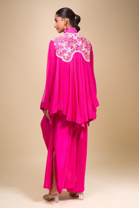 Anamika Khanna Fuchsia Silk Floral Zardozi Draped Skirt Set 