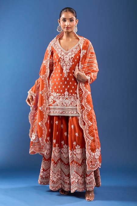 Sheetal Batra Orange Embroidery V-neck Burnt Kurta Sharara Set