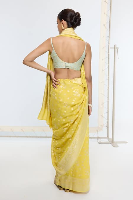 Ekaya Banaras Kadwa Pattern Yellow Georgette Saree With Running Blouse 