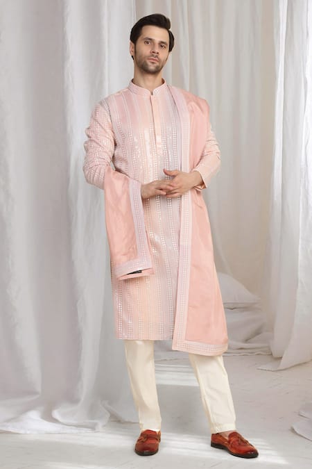 Aham-Vayam Coral Cotton Embroidery Ombre Kurta With Dupatta