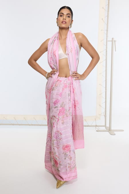 Ekaya Banaras Pink Georgette Printed Saree With Running Blouse 