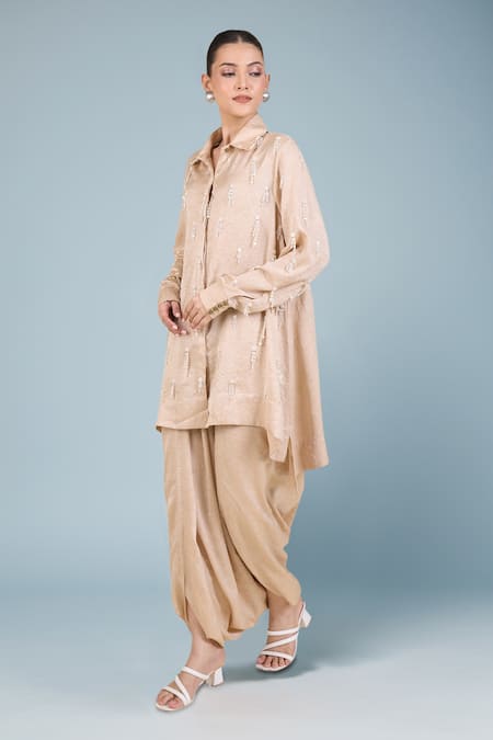 Aseem Kapoor Beige Tissue Embroidery Collared Tunic And Draped Pant 