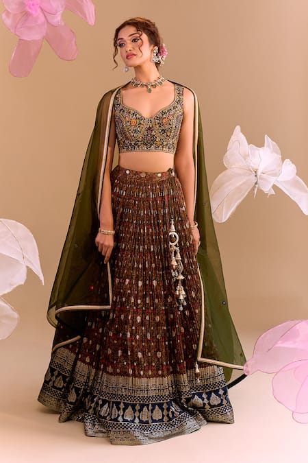 Samyukta Singhania_Olive Green Silk, Brocade Sequins, Embroidery Round Neck Hand Lehenga Set _Online_at_Aza_Fashions