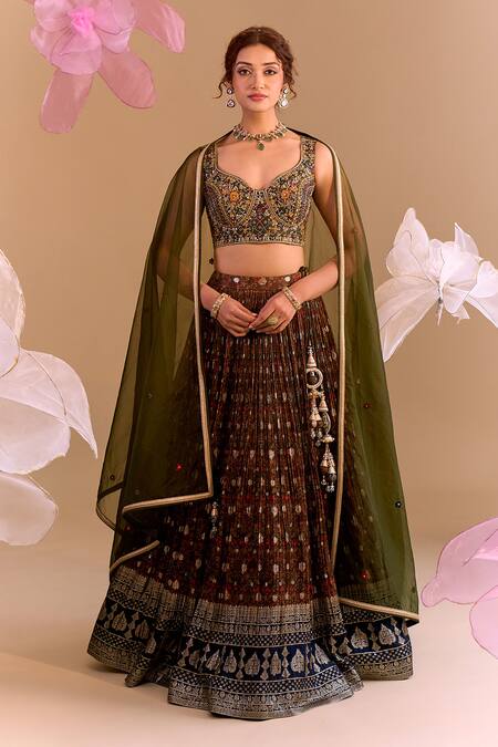 Buy_Samyukta Singhania_Olive Green Silk, Brocade Sequins, Embroidery Round Neck Hand Lehenga Set _Online_at_Aza_Fashions