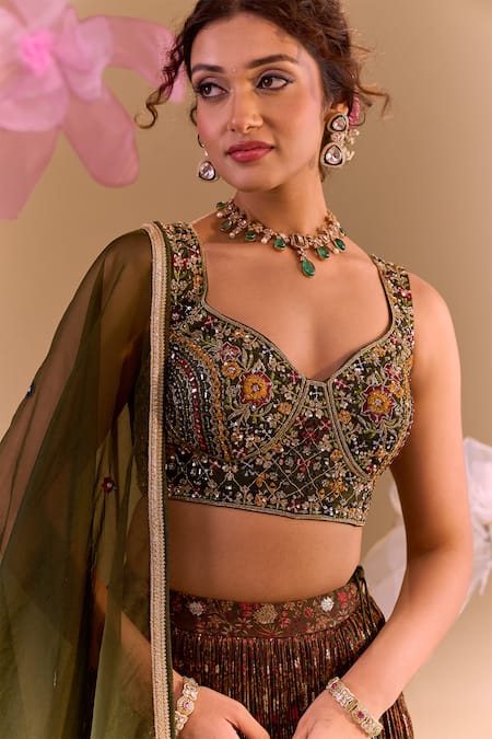 Shop_Samyukta Singhania_Olive Green Silk, Brocade Sequins, Embroidery Round Neck Hand Lehenga Set _Online_at_Aza_Fashions