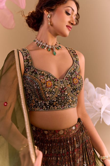 Samyukta Singhania_Olive Green Silk, Brocade Sequins, Embroidery Round Neck Hand Lehenga Set _at_Aza_Fashions