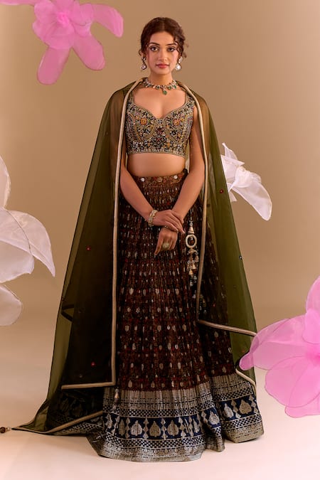 Buy_Samyukta Singhania_Olive Green Silk, Brocade Sequins, Embroidery Round Neck Hand Lehenga Set 