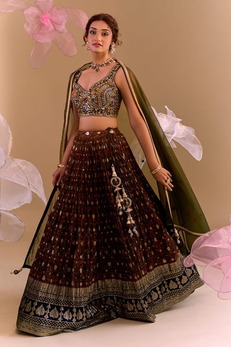 Shop_Samyukta Singhania_Olive Green Silk, Brocade Sequins, Embroidery Round Neck Hand Lehenga Set 