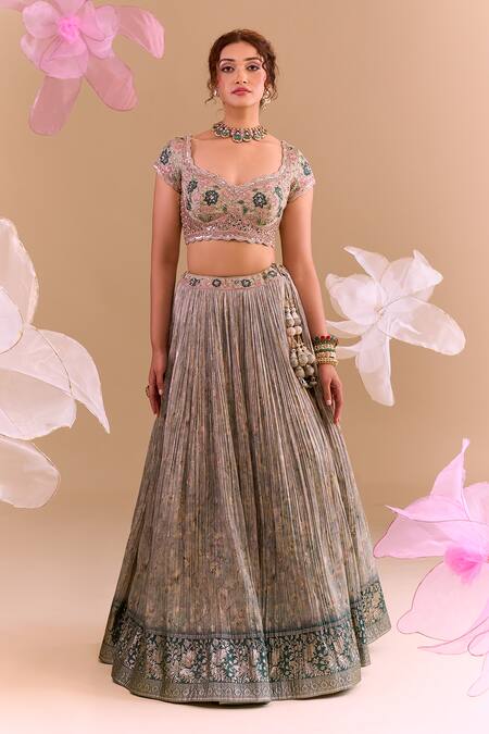 Samyukta Singhania_Teal Brocade, Silk Embroidery Round Neck Green Hand Lehenga Set_Online_at_Aza_Fashions