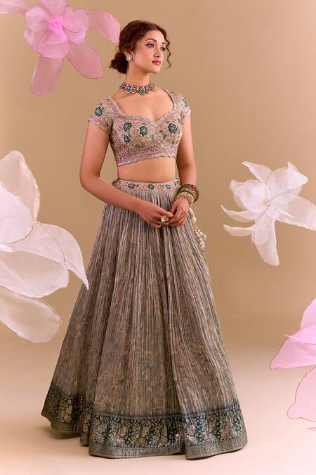 Shop_Samyukta Singhania_Teal Brocade, Silk Embroidery Round Neck Green Hand Lehenga Set_Online_at_Aza_Fashions
