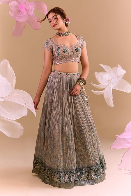 Samyukta Singhania_Teal Brocade, Silk Embroidery Round Neck Green Hand Lehenga Set_at_Aza_Fashions