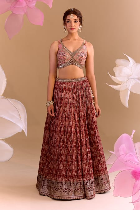 Buy_Samyukta Singhania_Maroon Brocade, Silk Embroidery Round Neck Hand Lehenga Set 