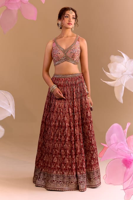 Shop_Samyukta Singhania_Maroon Brocade, Silk Embroidery Round Neck Hand Lehenga Set 