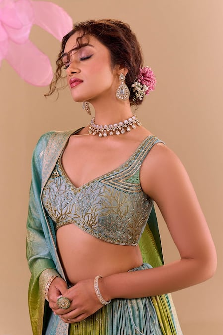 Shop_Samyukta Singhania_Blue Silk, Brocade Embroidery Round Neck Hand Lehenga Set 