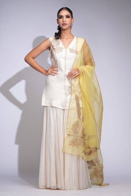Shruti S Off White Silk, Organza Zari V-neck Embroidered Kurta Sharara Set 