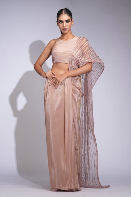Shruti S Rose Gold Tussar, Organza, Crepe Sequins Round Neck Pre-draped Saree Set 