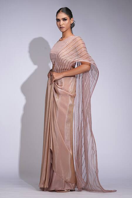 Shop Shruti S Rose Gold Tussar, Organza, Crepe Sequins Round Neck Pre-draped Saree Set Online at Aza Fashions Shop_Shruti S_Rose Gold Tussar, Organza, Crepe Sequins Round Neck Pre-draped Saree Set _Online_at_Aza_Fashions