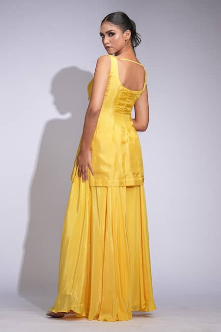 Shruti S Yellow Silk Embroidered Kurta Sharara Set 