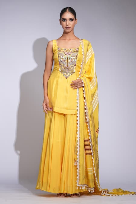 Shruti S Yellow Silk, Crepe Sequins, Embroidery Square Neck Kurta Sharara Set 