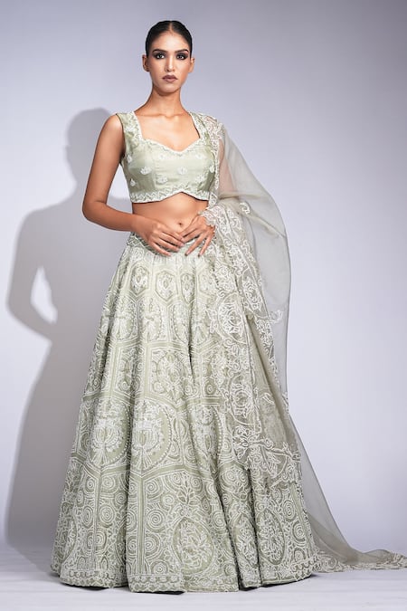 Shruti S Green Silk, Organza Sequins, Pearls Sweetheart Neck Designer Lehenga Set 