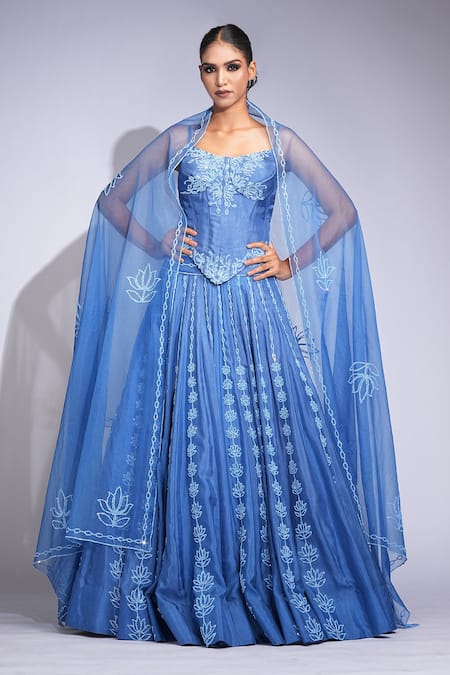 Shruti S Blue Silk, Organza Sequins, Embroidery Square Neck Lehenga Set 