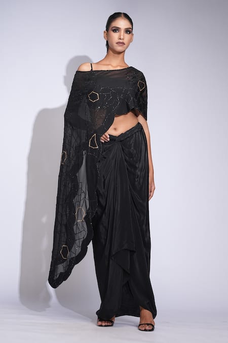 Shruti S Black Crepe, Silk Sequins Round Neck, Off-shoulder Up-cycled Dhoti Set