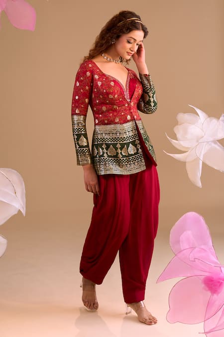 Buy Samyukta Singhania Maroon Silk, Chiffon, Georgette Sequins, Hand Jacket And Dhoti Pant Set Online at Aza Fashions Buy_Samyukta Singhania_Maroon Silk, Chiffon, Georgette Sequins, Hand Jacket And Dhoti Pant Set _Online_at_Aza_Fashions