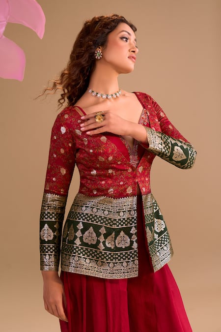 Shop Samyukta Singhania Maroon Silk, Chiffon, Georgette Sequins, Hand Jacket And Dhoti Pant Set Online at Aza Fashions Shop_Samyukta Singhania_Maroon Silk, Chiffon, Georgette Sequins, Hand Jacket And Dhoti Pant Set _Online_at_Aza_Fashions