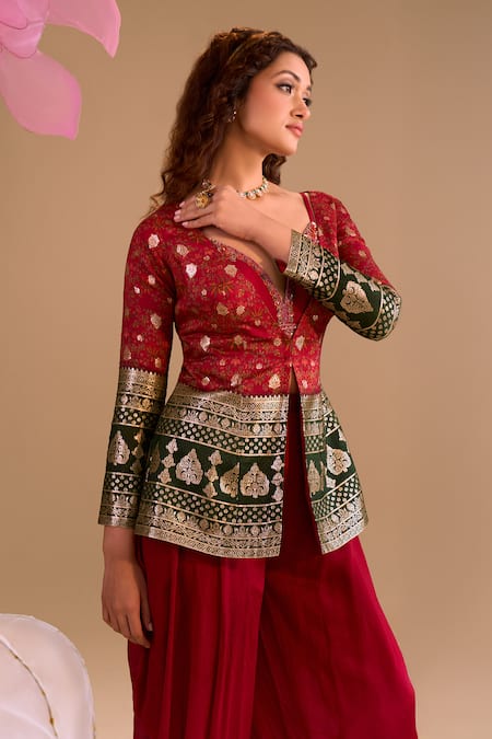 Samyukta Singhania Maroon Silk, Chiffon, Georgette Sequins, Hand Jacket And Dhoti Pant Set at Aza Fashions Samyukta Singhania_Maroon Silk, Chiffon, Georgette Sequins, Hand Jacket And Dhoti Pant Set _at_Aza_Fashions