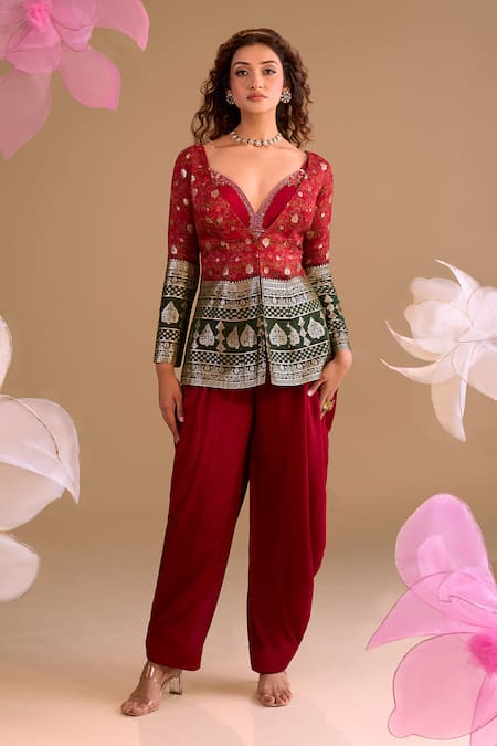 Samyukta Singhania Maroon Hand Embroidered Jacket & Dhoti Pant Set