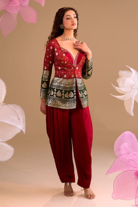 Samyukta Singhania Maroon Hand Embroidered Jacket & Dhoti Pant Set
