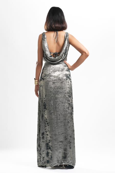 Shop Ahi Clothing X AZA Green Shantoon Cowl Neck Lulu Shimmer Long Dress Set at Aza Fashions Shop_Ahi Clothing X AZA_Green Shantoon Cowl Neck Lulu Shimmer Long Dress Set _at_Aza_Fashions