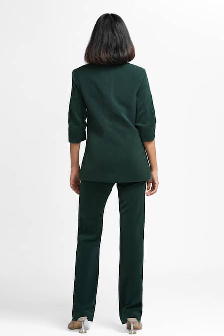 Shop Ahi Clothing X AZA Green Crepe Agatha 3-d Brooch Coat And Pant Set at Aza Fashions Shop_Ahi Clothing X AZA_Green Crepe Agatha 3-d Brooch Coat And Pant Set _at_Aza_Fashions