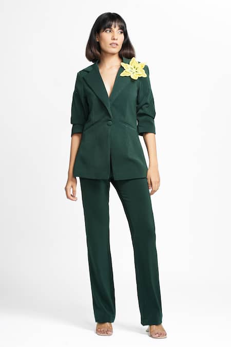 Buy Ahi Clothing X AZA Green Crepe Agatha 3-d Brooch Coat And Pant Set Online at Aza Fashions Buy_Ahi Clothing X AZA_Green Crepe Agatha 3-d Brooch Coat And Pant Set _Online_at_Aza_Fashions