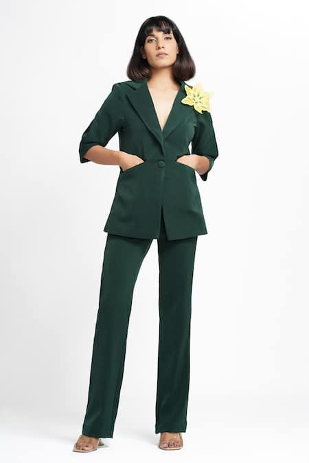 Shop Ahi Clothing X AZA Green Crepe Agatha 3-d Brooch Coat And Pant Set Online at Aza Fashions Shop_Ahi Clothing X AZA_Green Crepe Agatha 3-d Brooch Coat And Pant Set _Online_at_Aza_Fashions