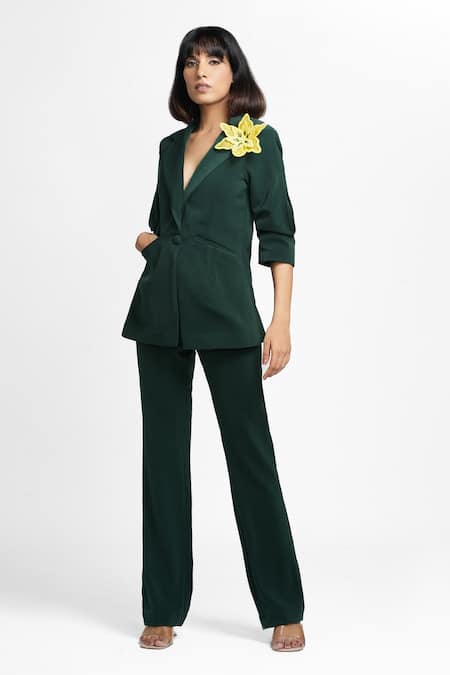 Buy Ahi Clothing X AZA Green Crepe Agatha 3-d Brooch Coat And Pant Set Buy_Ahi Clothing X AZA_Green Crepe Agatha 3-d Brooch Coat And Pant Set