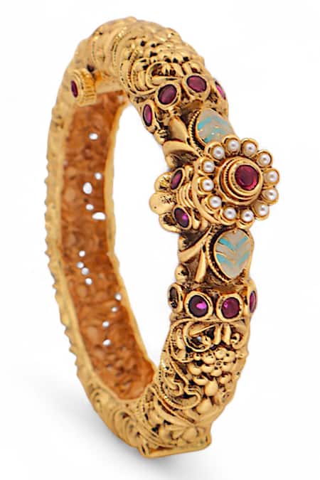 Shop Tad Accessories Pink Ruby Kundan Polki Bangle at Aza Fashions Shop_Tad Accessories_Pink Ruby Kundan Polki Bangle _at_Aza_Fashions