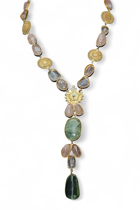 Shop Tad Accessories Green Gold Finish Agate Necklace at Aza Fashions Shop_Tad Accessories_Green Gold Finish Agate Necklace _at_Aza_Fashions