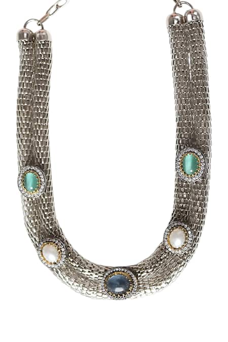 Shop Tad Accessories Multi Color Antique Finish Semi Precious Stone Necklace at Aza Fashions Shop_Tad Accessories_Multi Color Antique Finish Semi Precious Stone Necklace _at_Aza_Fashions