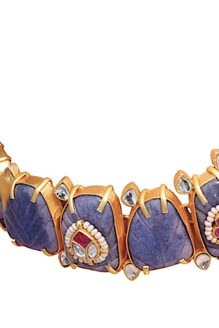 Shop Tad Accessories Blue Gold Finish Kundan Necklace at Aza Fashions Shop_Tad Accessories_Blue Gold Finish Kundan Necklace _at_Aza_Fashions