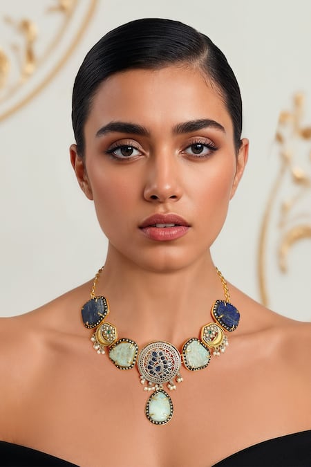 Tad Accessories Multi Color Gold Finish Kundan Necklace 