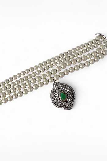 Tad Accessories_Green Designer Glass Pearl Necklace _Online_at_Aza_Fashions
