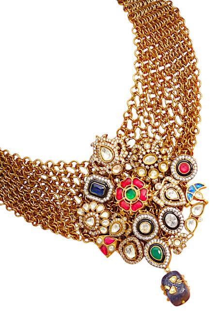 Tad Accessories_Multi Color Gold Finish Imitation Kundan Necklace_Online_at_Aza_Fashions