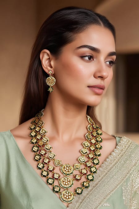 Tad Accessories Green Stones Gold Finish Kundan Polki Necklace Set 
