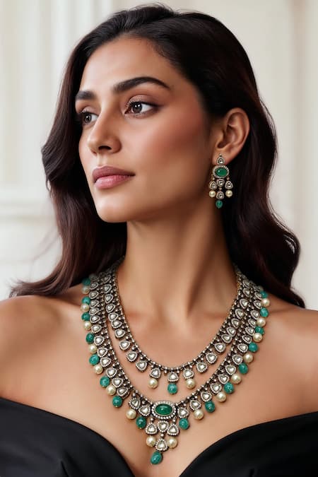 Tad Accessories Green Stones Gold Finish Kundan Necklace Set 