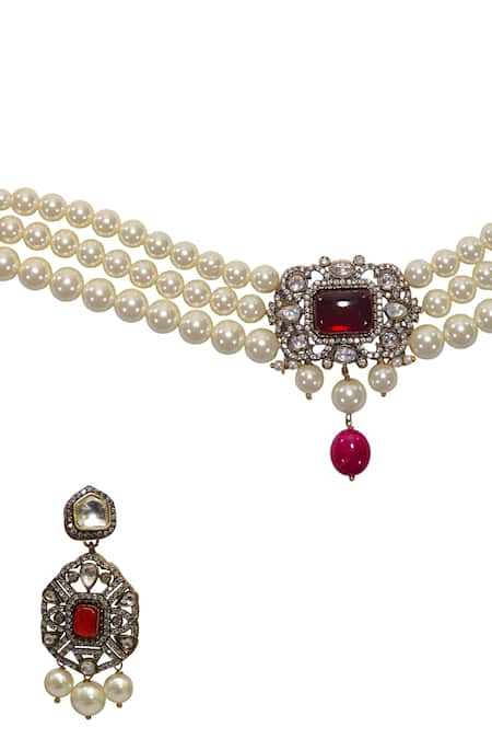 Shop Tad Accessories Pink Stones Ruby Kundan Polki Necklace Set at Aza Fashions Shop_Tad Accessories_Pink Stones Ruby Kundan Polki Necklace Set _at_Aza_Fashions