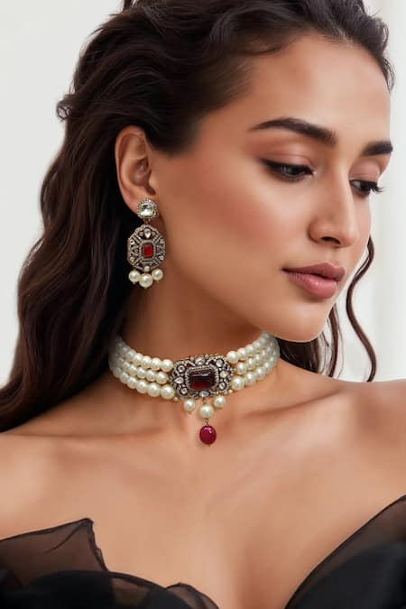 Tad Accessories Pink Stones Ruby Kundan Polki Necklace Set 